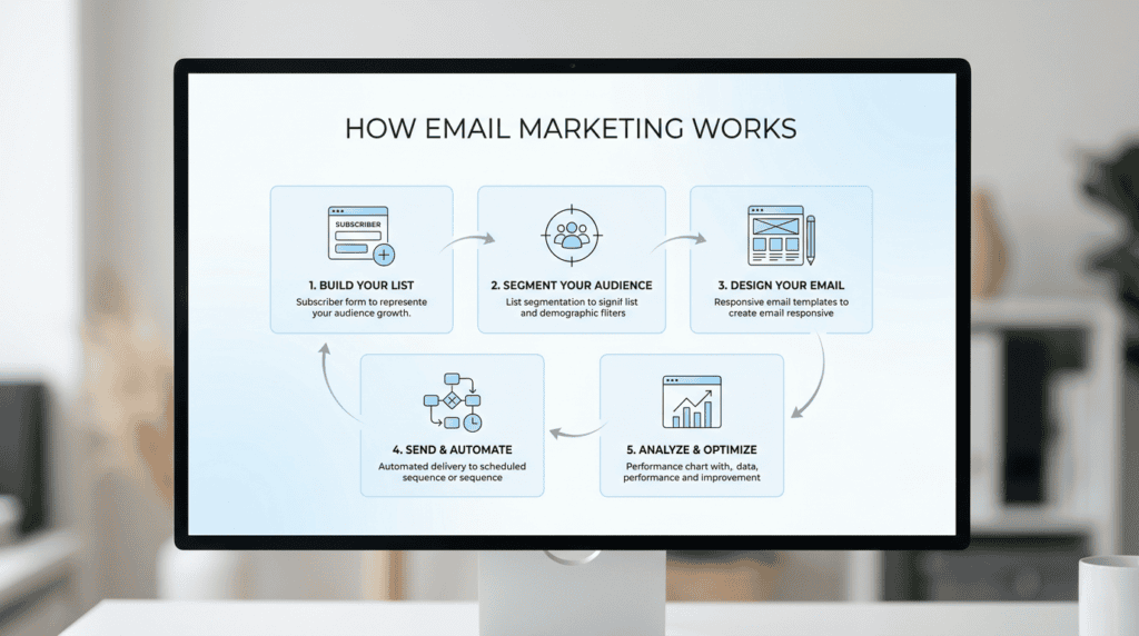 Workflow diagram illustrating the 5-step process of how does email marketing work, from list building to optimization.