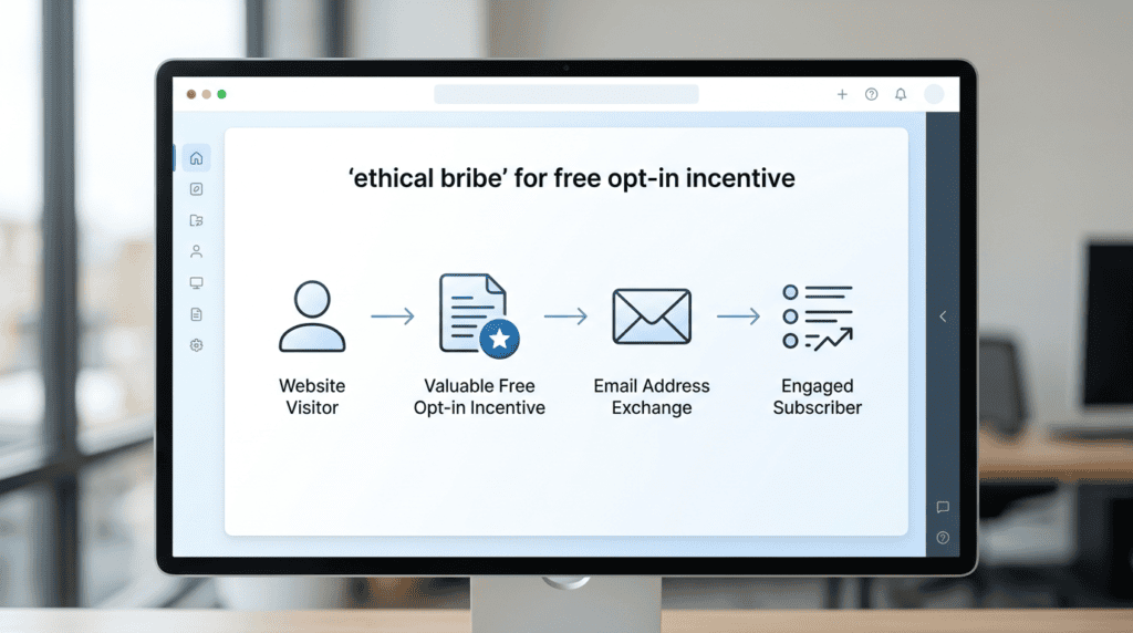 Process diagram showing website visitor exchanging email for valuable free opt-in incentive.