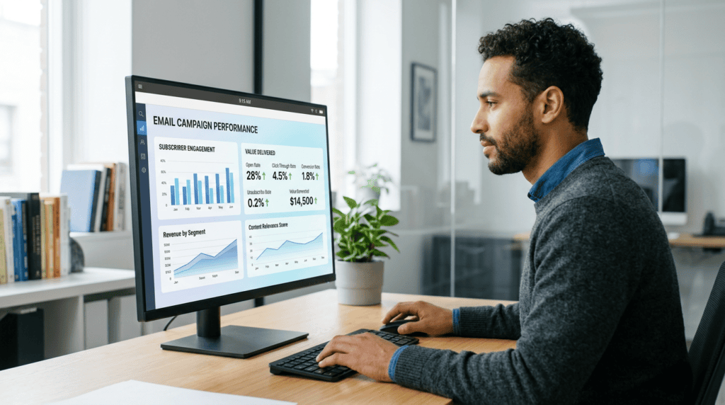 Content strategist reviewing email engagement metrics, emphasizing valuable content for deliverability guide.