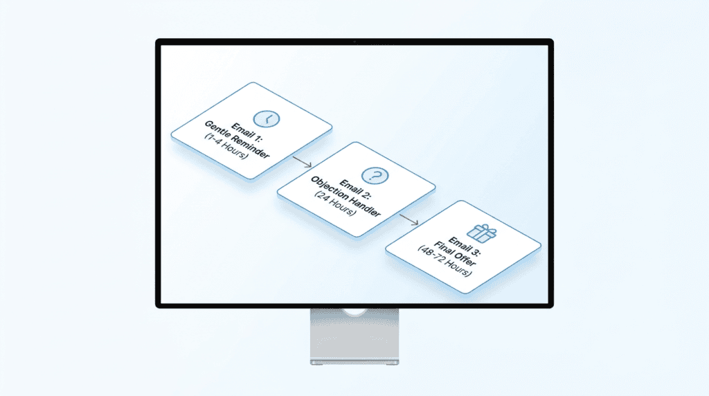 Workflow diagram illustrating a 3-part abandoned cart email sequence with timing.