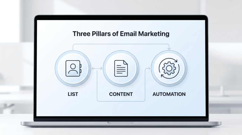 Infographic illustrating the three pillars of email marketing: List, Content, and Automation, with interconnected icons.