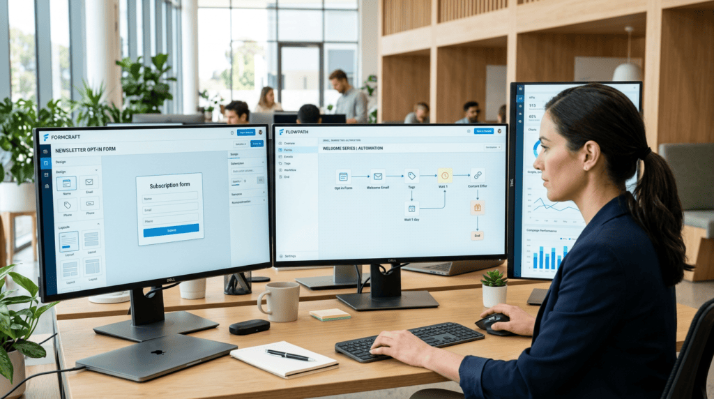 Digital marketer using an email marketing platform and form builder to manage content upgrades.