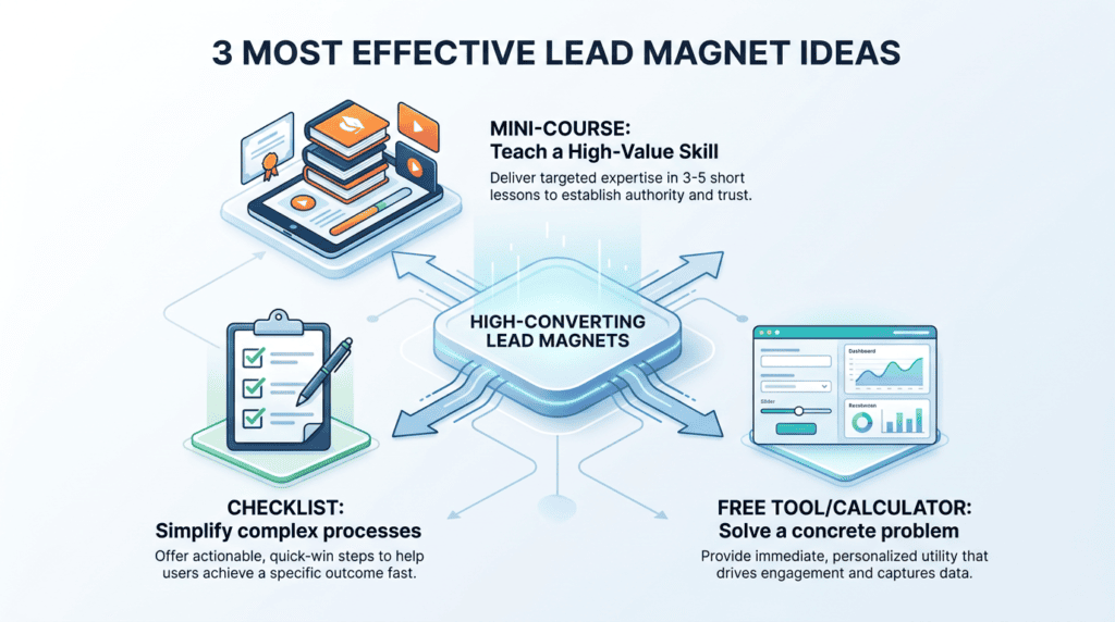 Infographic showcasing the three most effective lead magnet ideas: mini-course, checklist, and free tool.