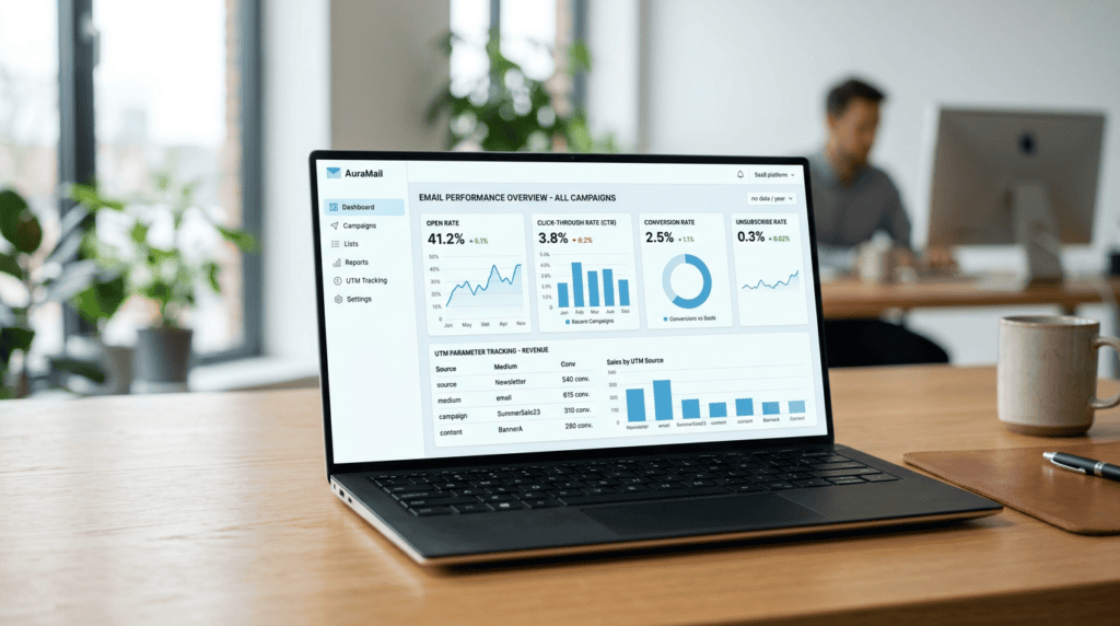 Email marketing analytics dashboard showing open rates, click-through rates, and conversion data for affiliate product promotions.