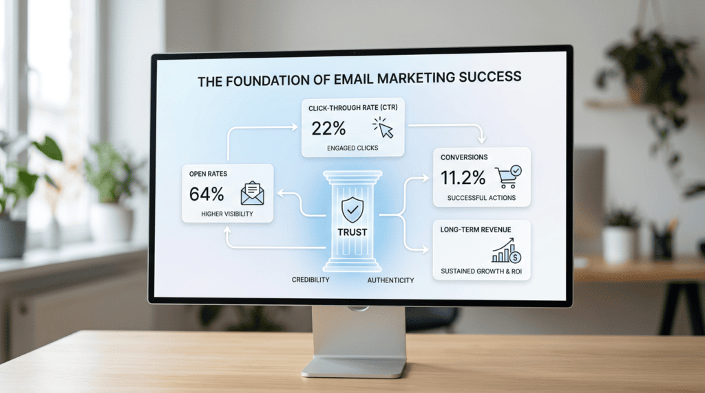 Infographic showing trust as the foundation for successful affiliate email marketing, increasing open rates and conversions.