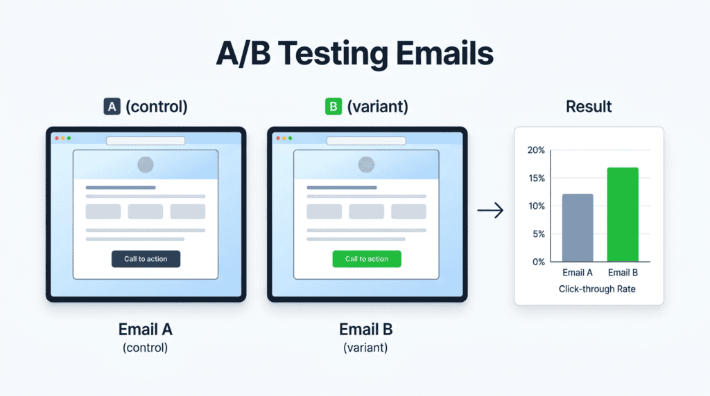 Infographic explaining A/B testing emails with two variants and a clear result.