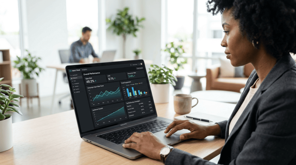 Professional analyzing email marketing dashboard showing a good email open rate and engagement metrics.