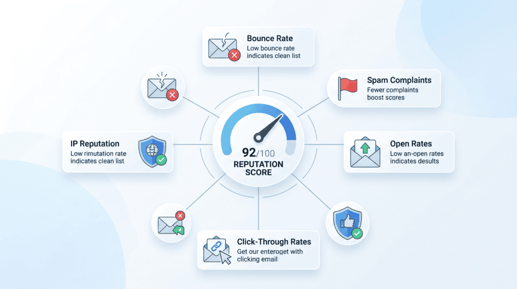 Infographic showing factors affecting email sender reputation, including bounce rate and spam complaints.