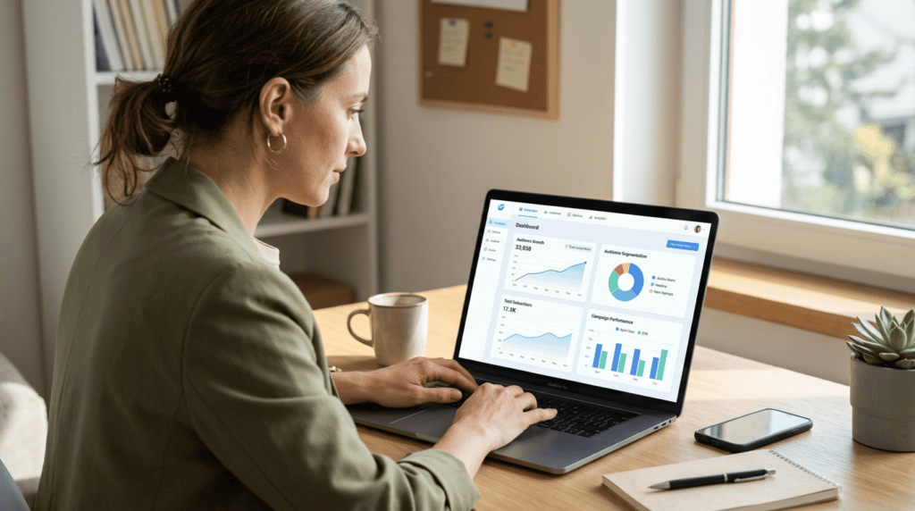 Digital marketer analyzing an email marketing dashboard on a laptop, demonstrating how does email marketing work.