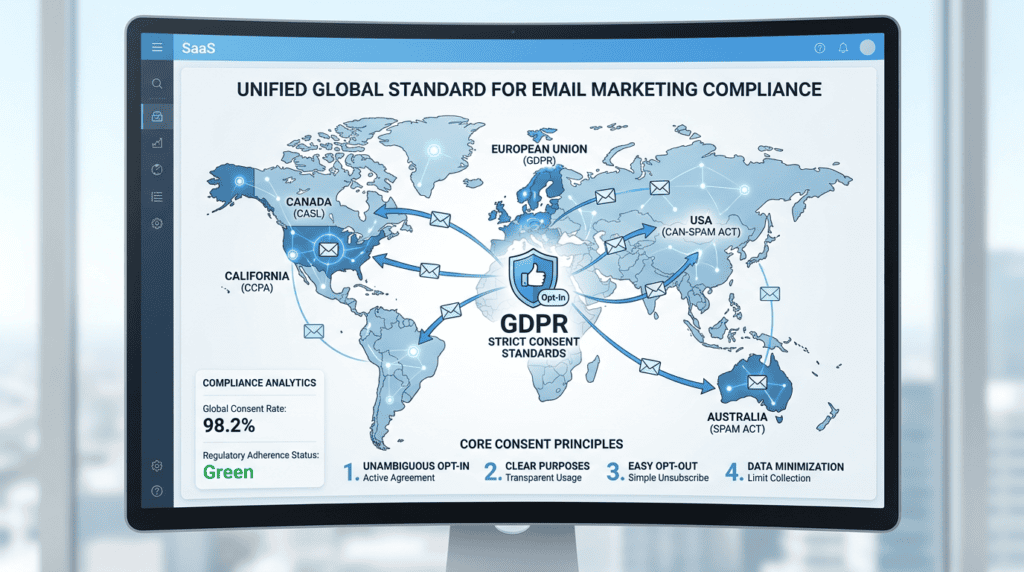 Global map infographic showing a unified email marketing regulations strategy, applying GDPR standards universally.