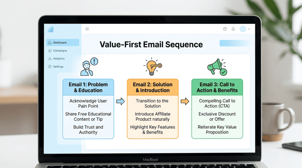 Process diagram for a value-first email sequence to promote affiliate products, detailing education, solution, and call to action.