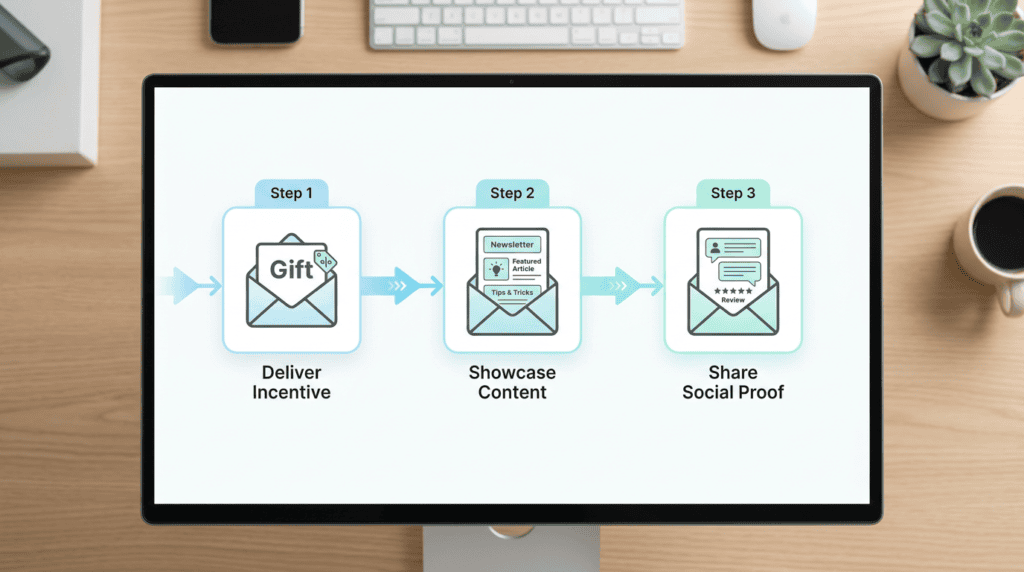 Workflow diagram showing the 3-step process of a high-converting welcome email series.